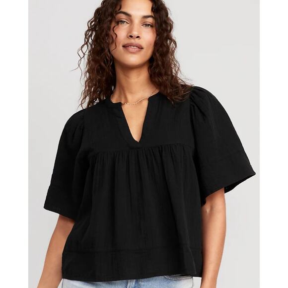 Old Navy Boho Prairie Black Cotton Textured Relaxed Fit Blouse XS Short Sleeve - Picture 1 of 8